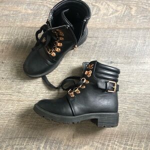 Tahari Black and Gold Combat Moto Boots with Durable Design
